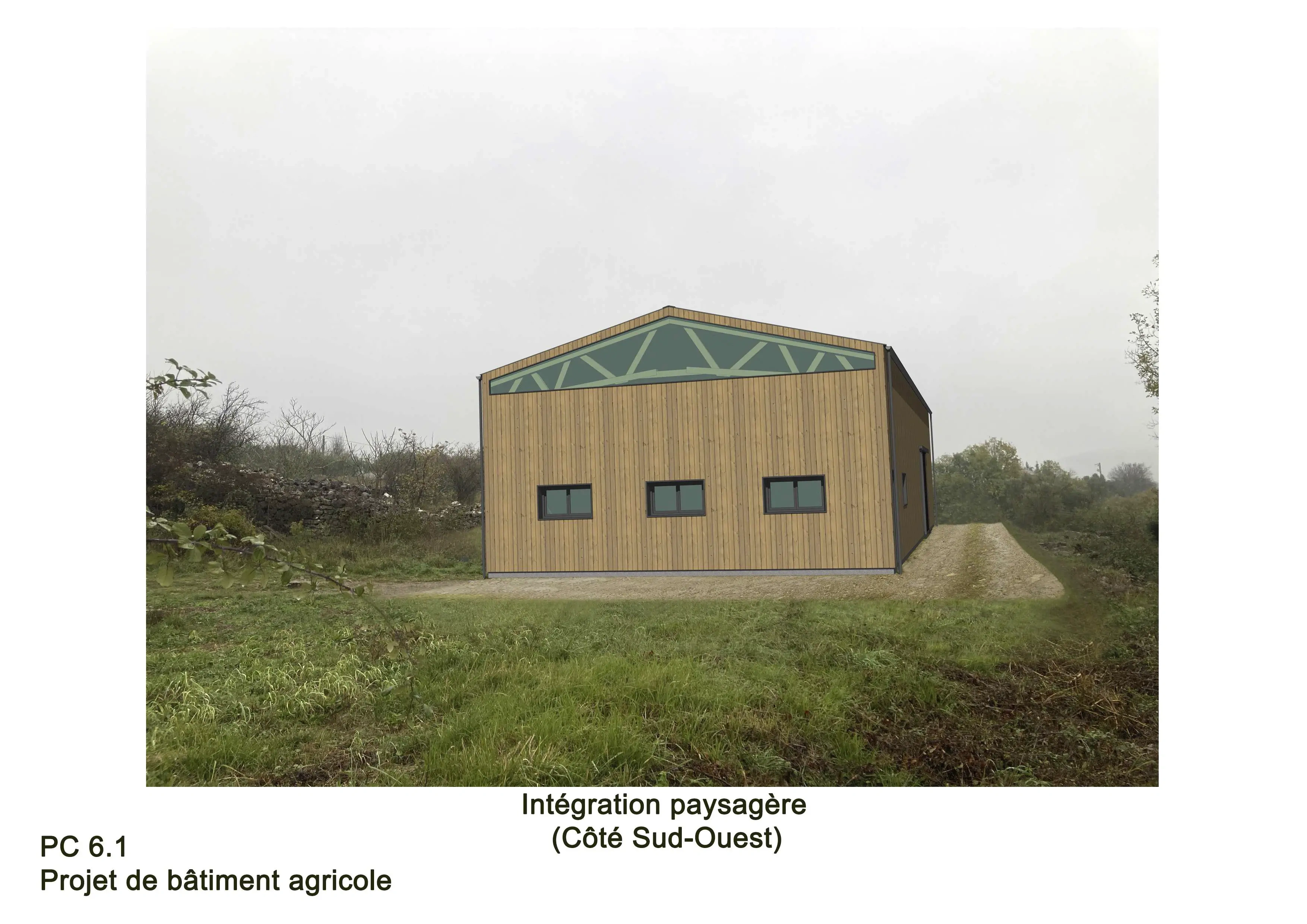 Intégration paysagère 3D - Bâtiment hangar agricole, permis de construire, Vinezac (07110)