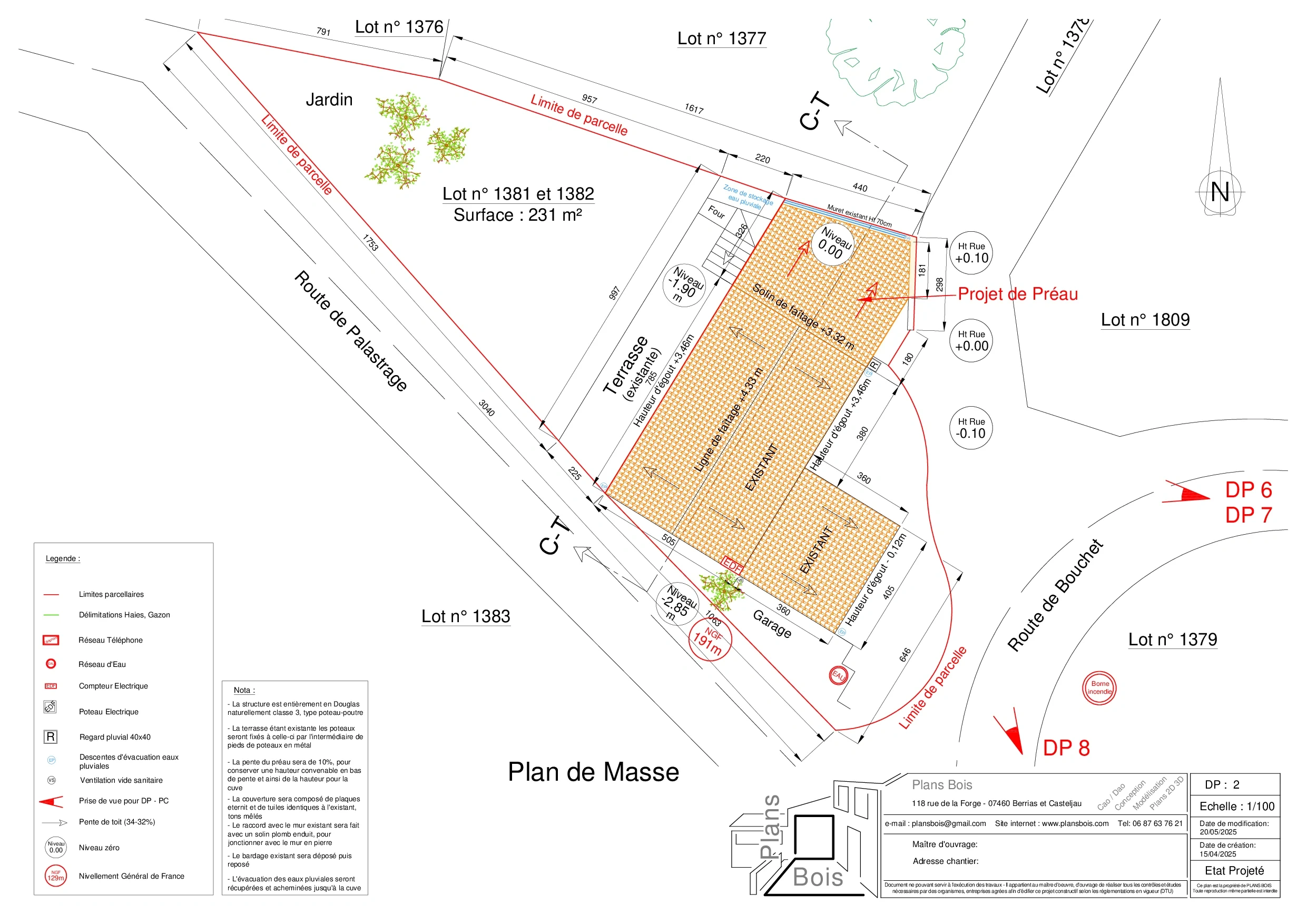 Plan de masse DP2 - Cuisine extérieure, déclaration préalable, Les Assions (07140)