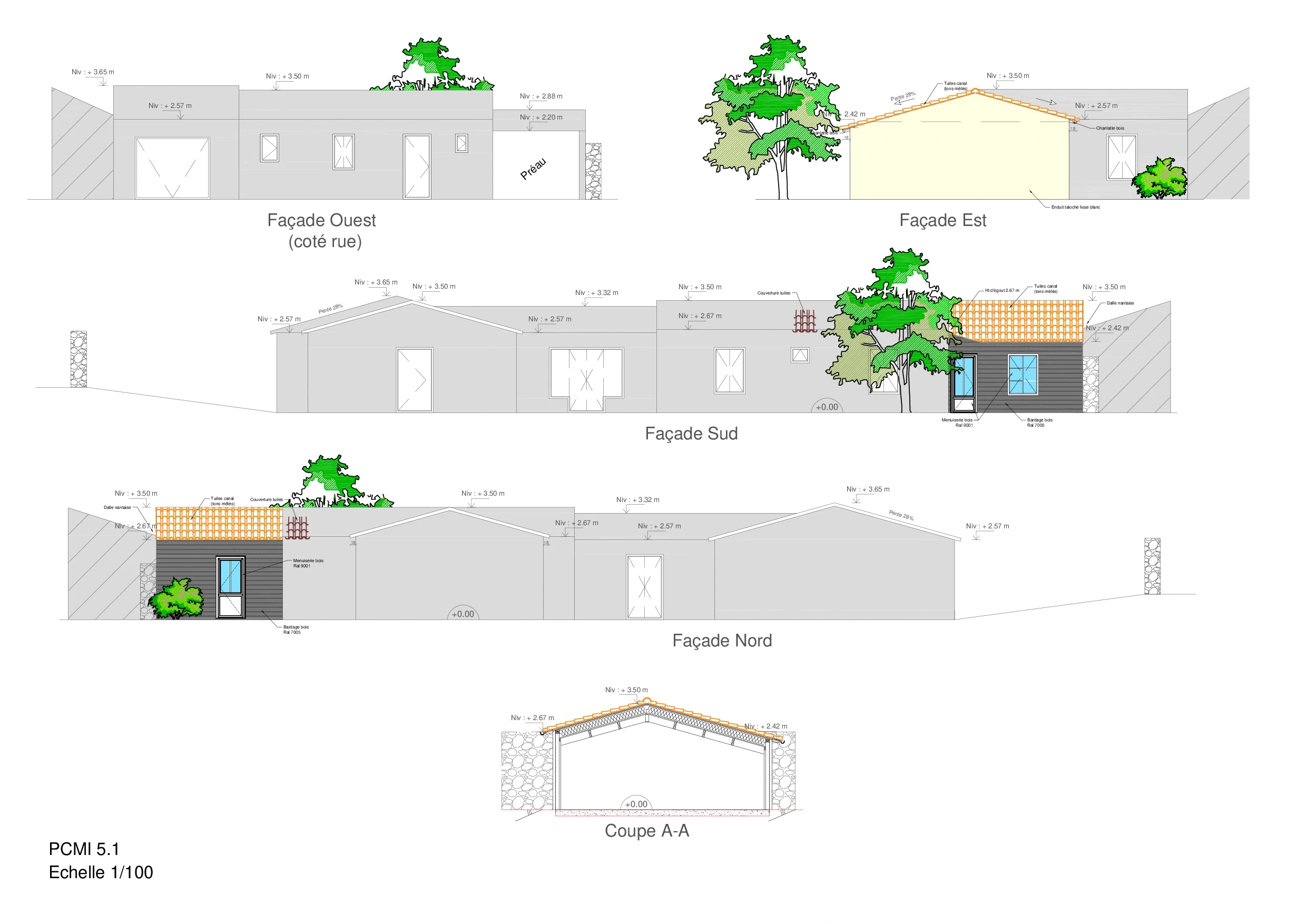 Plan de façade PCMI5-1 - Extension ossature bois, permis de construire, Barjac (30430)